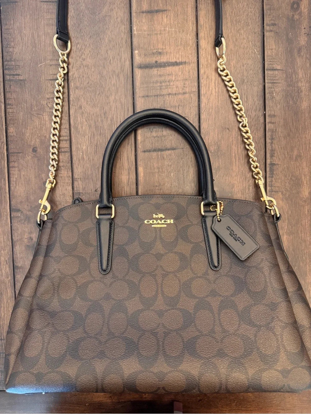 Coach Brown Signature Leather Gold Chain Purse Shoulder Bag F29683 Medium - Picture 4 of 15